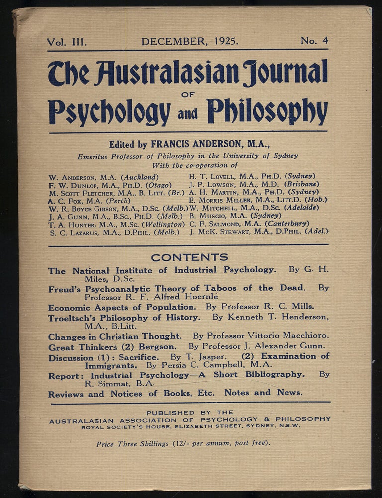 Item #108421 The Australasian Journal of Psychology and Philosophy: Volume III, Number 4, December, 1925