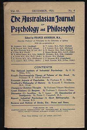 Item #108421 The Australasian Journal of Psychology and Philosophy: Volume III, Number 4, December, 1925