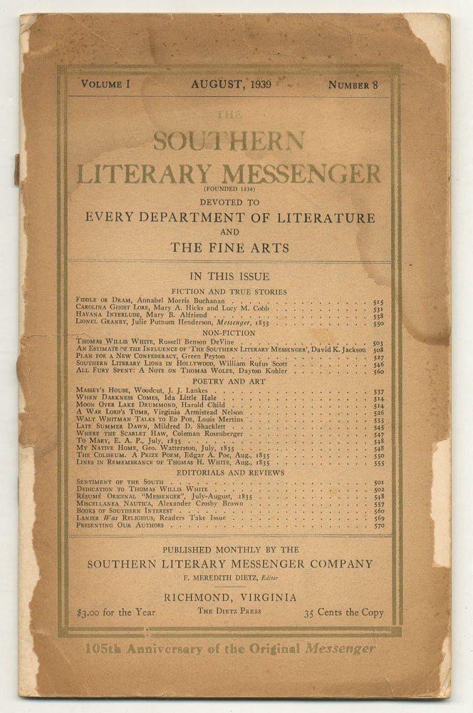 Item #233483 Southern Literary Messenger – Volume I, Number 8, August, 1939