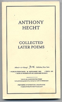 Item #275950 Collected Later Poems. Anthony HECHT