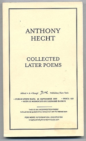 Item #275950 Collected Later Poems. Anthony HECHT.