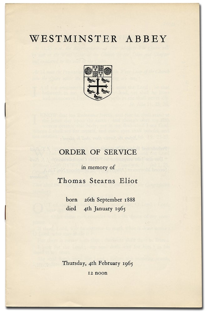 Item #276290 Order of Service in Memory of Thomas Stearns Eliot. Born 26th September 1888 Died 4th January 1965. T. S. ELIOT.