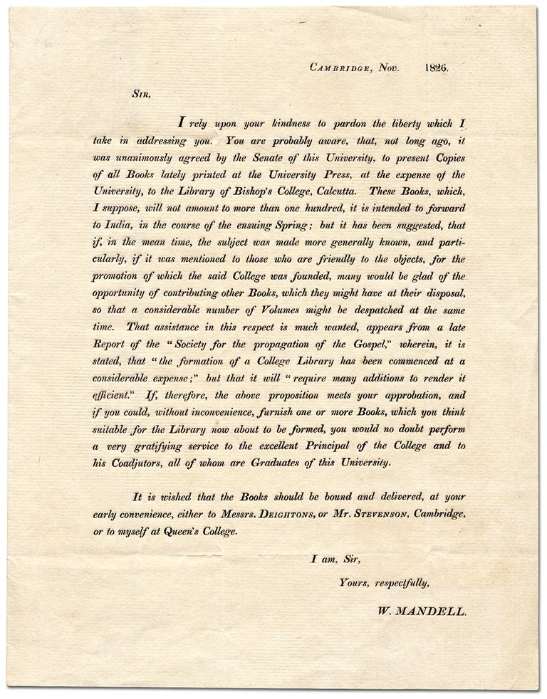 Item #281599 [Printed Broadside or Circular]: Cambridge, Nov. 1826. Sir, I Rely Upon your Kindness to Pardon the Liberty Which I Take in Addressing You. W. MANDELL.