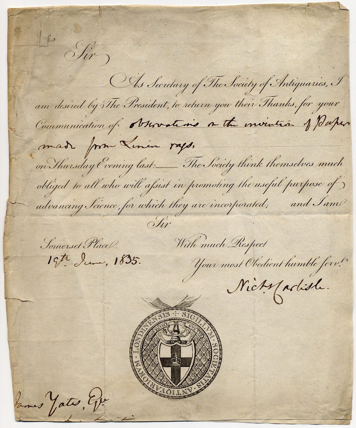 Engraved Copper-Plate Letter | Nicholas CARLISLE