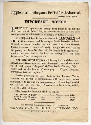 Item #281686 [Broadside]: Supplement to Morgans' British Trade Journal. March 2nd, 1868....