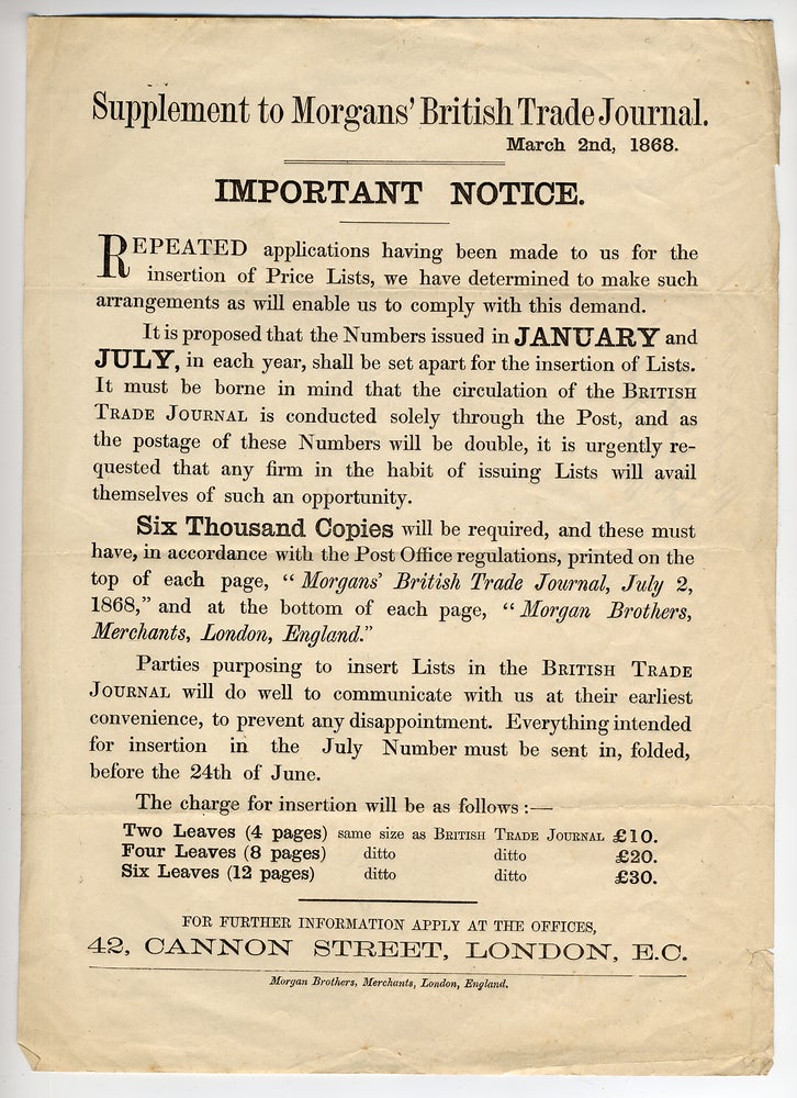 Item #281686 [Broadside]: Supplement to Morgans' British Trade Journal. March 2nd, 1868. Important Notice.