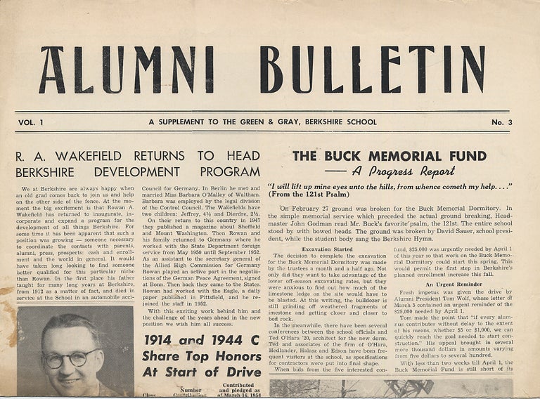 Item #282099 Alumni Bulletin: A Supplement to the Green & Gray, Berkshire School: Vol. 1, No. 3, Tuesday, March 11, 1954