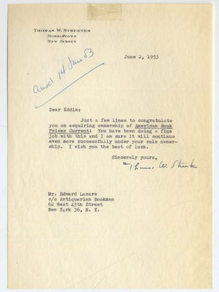 Typed Letter Signed to Edward Lazare. Thomas W. STREETER.