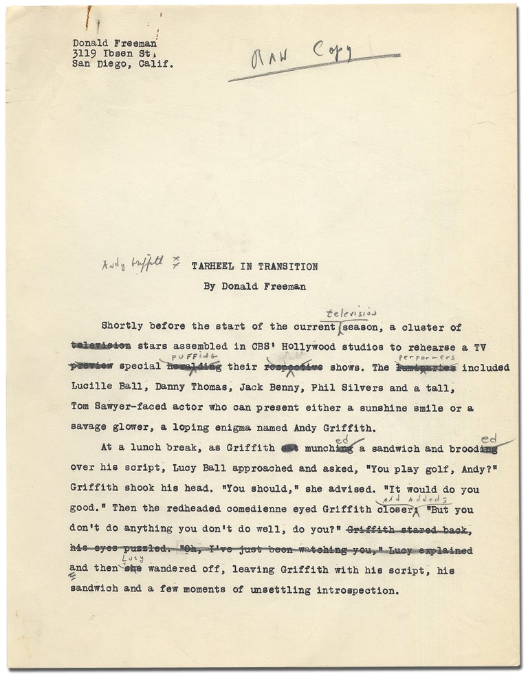 Item #301487 [Manuscript]: Andy Griffith: Tarheel in Transition. Donald FREEMAN.