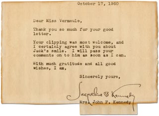Item #305106 Typed Note Signed ("Jacqueline B. Kennedy"). Jacqueline KENNEDY