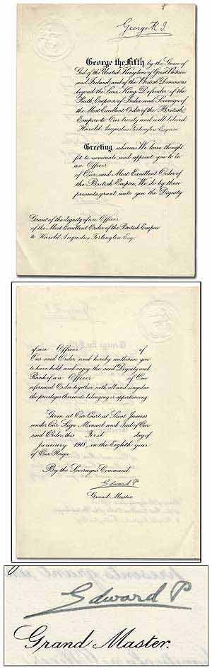 Item #309333 Order of the British Empire Document Signed. Prince of Wales EDWARD, Edward VIII.