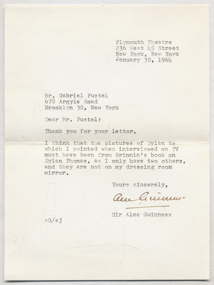 Item #315377 Typed Letter Signed. Sir Alec GUINNESS, Dylan Thomas.