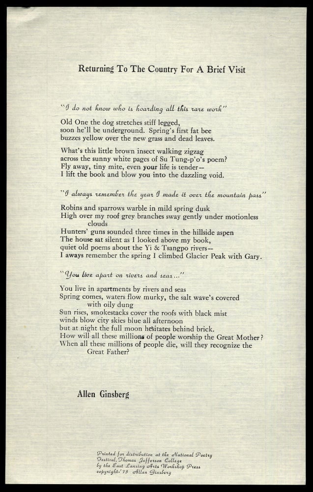 Item #315860 Returning To The Country For A Brief Visit. Allen GINSBERG.