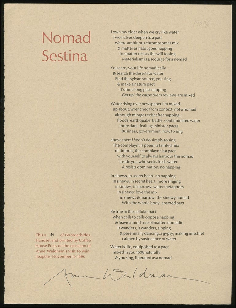 Item #322946 Nomad Sestina. Anne WALDMAN.