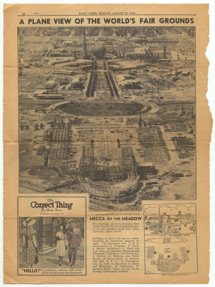 Item #323178 A Plane View of the World's Fair Grounds Daily News, Monday, August 22, 1938