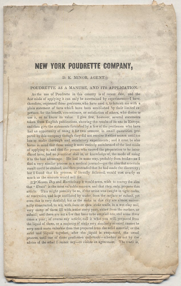 Caption title]: New York Poudrette Company, D.K. Minor, Agent. Poudrette as a Manure, and it's...