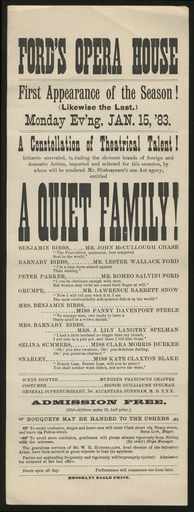 Item #326478 [Broadside]: Ford's Opera House. First Appearance of the Season!...Monday Ev'ng, Jan. 15, '83...A Quiet Family!