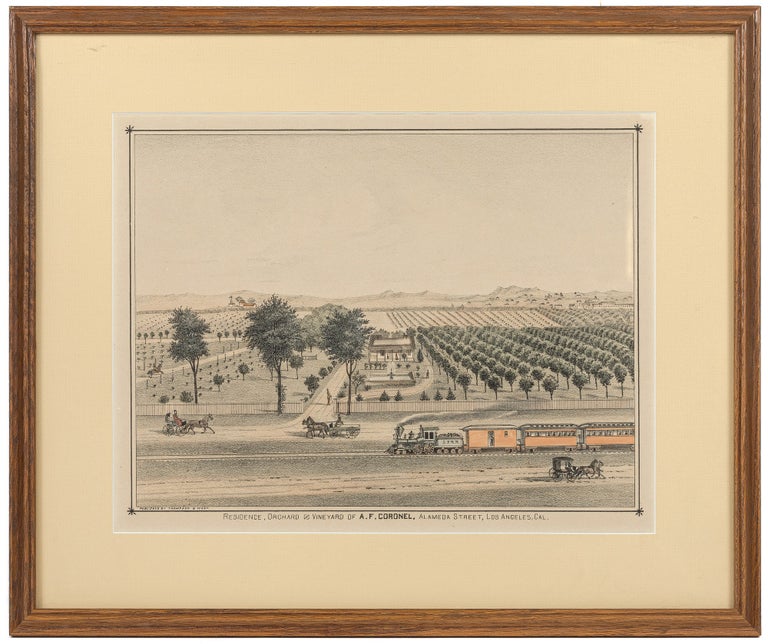 Item #326964 [Framed Lithograph]: Residence, Orchard and Vineyard of A.F. Coronel, Alameda Street, Los Angeles, Cal. A. F. CORONEL.