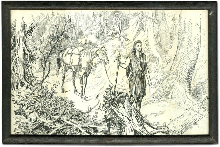 Item #326974 [Original pen and ink drawing]: Frontiersman and his horse in the Forest, with an Indian in the background. Dan BEARD.