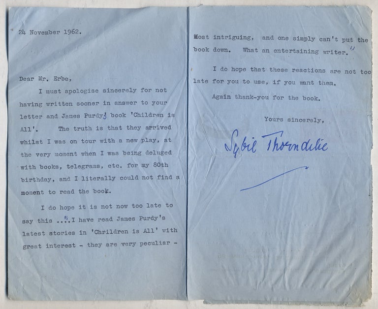 Item #329453 Typed Letter Signed about James Purdy's "Children Is All" Sybil THORNDIKE, Dame, James Purdy.
