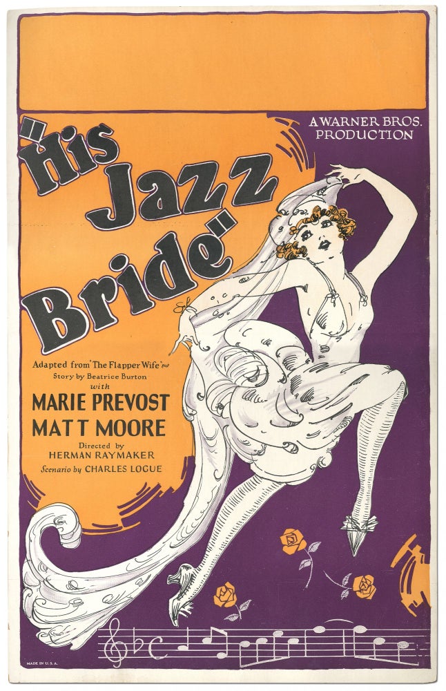 Item #330989 [Original Movie Poster]: "His Jazz Bride" Adapted from "The Flapper Wife" Story by Beatrice Burton with Marie Prevost [and] Matt Moore. A Warner Bros. Production