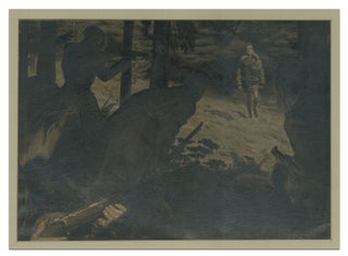 Item #331632 Grisaille Painting of Four Soldiers with rifles lying in wait in the bushes for an...