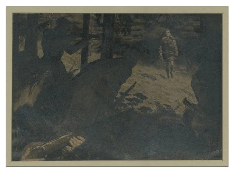 Item #331632 Grisaille Painting of Four Soldiers with rifles lying in wait in the bushes for an enemy soldier walking in the open