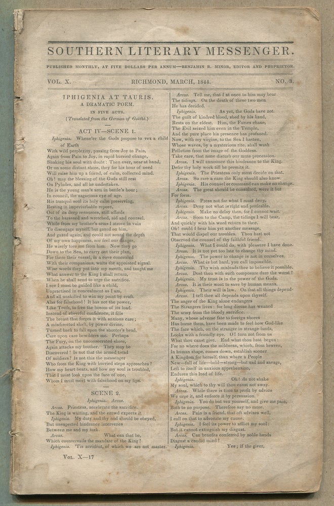 Item #334022 Southern Literary Messenger: Vol. X, No. 3 (March, 1844). Benjamin B. MINOR.