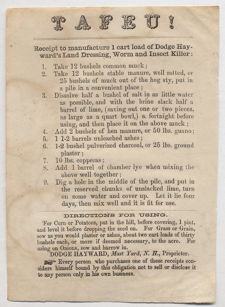 Item #338425 [Handbill]: Tafeu! Receipt to manufacture 1 cart load of Dodge Hayward's Land Dressing, Worm and Insect Killer