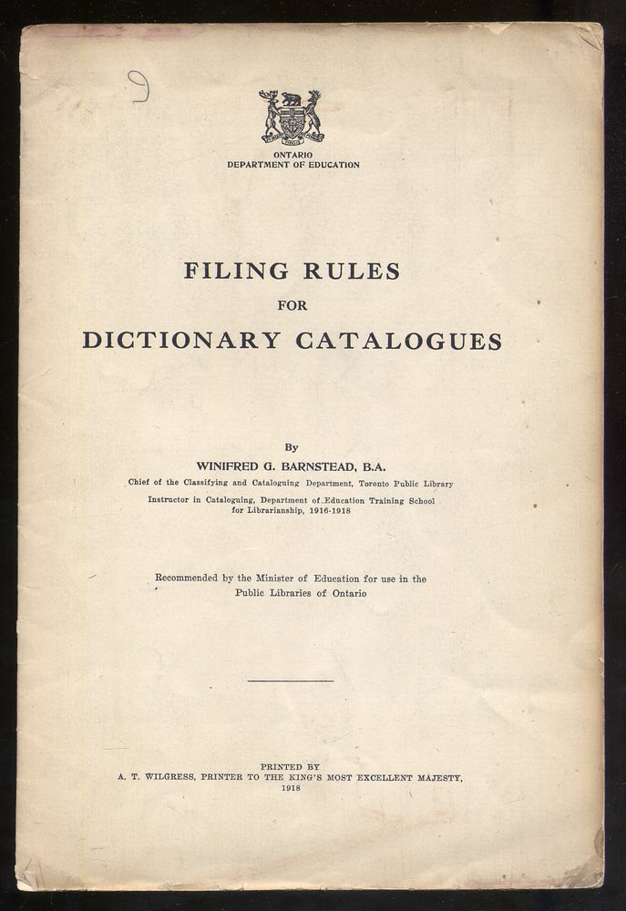 Item #340602 Filing Rules for Dictionary Catalogues. Winifred G. BARNSTEAD.
