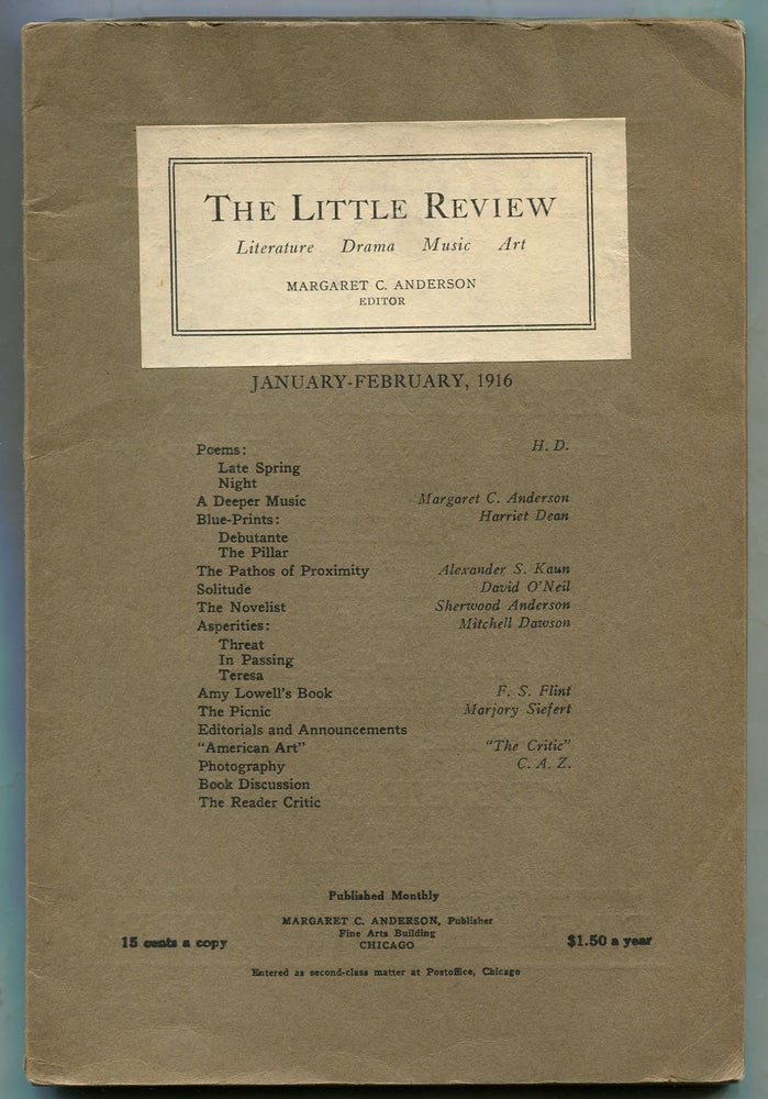Item #340640 The Little Review – Vol. 2, No. 10, January-February 1916. Margaret ANDERSON, H. D. Sherwood Anderson, F. S. Flint, Mitchell Dawson, David O'Neil, Alexander S. Kaun, Harriet Dean, Marjory Siefert.