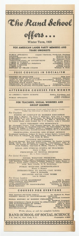 Item #342281 The Rand School Offers (Winter Term, 1939). Rand School of Social Science.