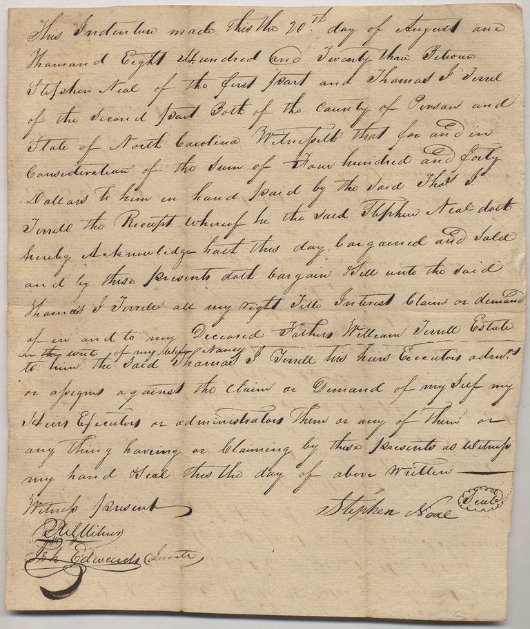 Item #342881 Autograph Document Signed for sale of land in North Carolina, 1820. Stephen NEAL, etc, Thomas J. Terril.
