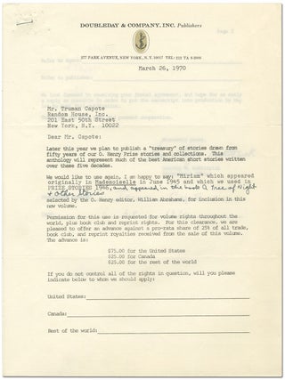 Item #343522 Document Signed for rights to republish his story "Miriam" Truman CAPOTE
