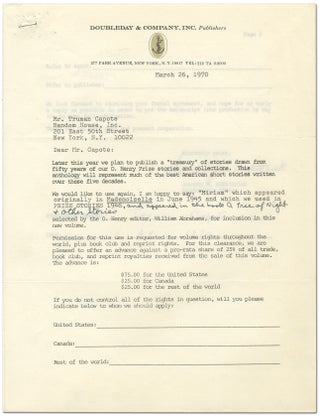 Item #343522 Document Signed for rights to republish his story "Miriam" Truman CAPOTE