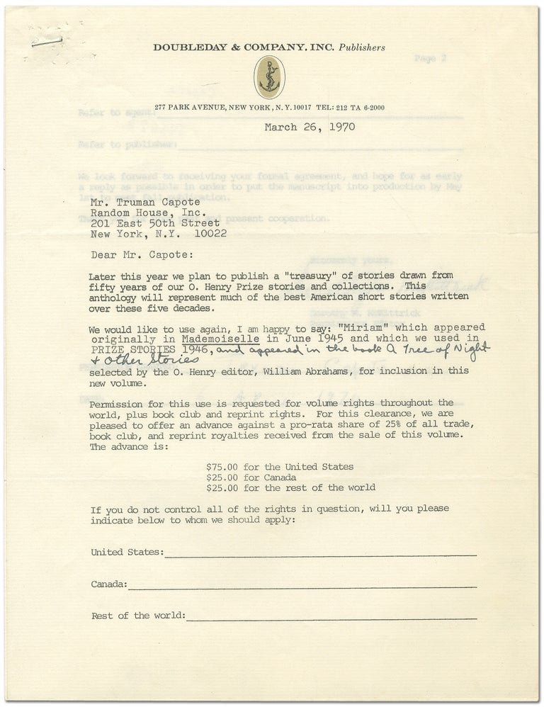 Item #343522 Document Signed for rights to republish his story "Miriam" Truman CAPOTE.