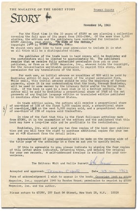 Item #343523 Document Signed for rights to republish his story "My Side of the Matter" Truman CAPOTE