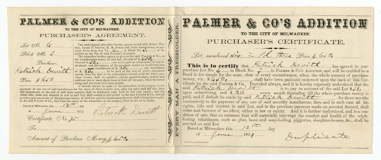 Item #344516 [Partially Printed Document]: Palmer & Co's Addition to the City of Milwaukee. Purchaser's Certificate [and] Purchaser's Agreement