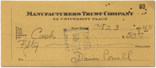 Item #346166 Bank Check Signed Twice by Dawn Powell. Dawn POWELL