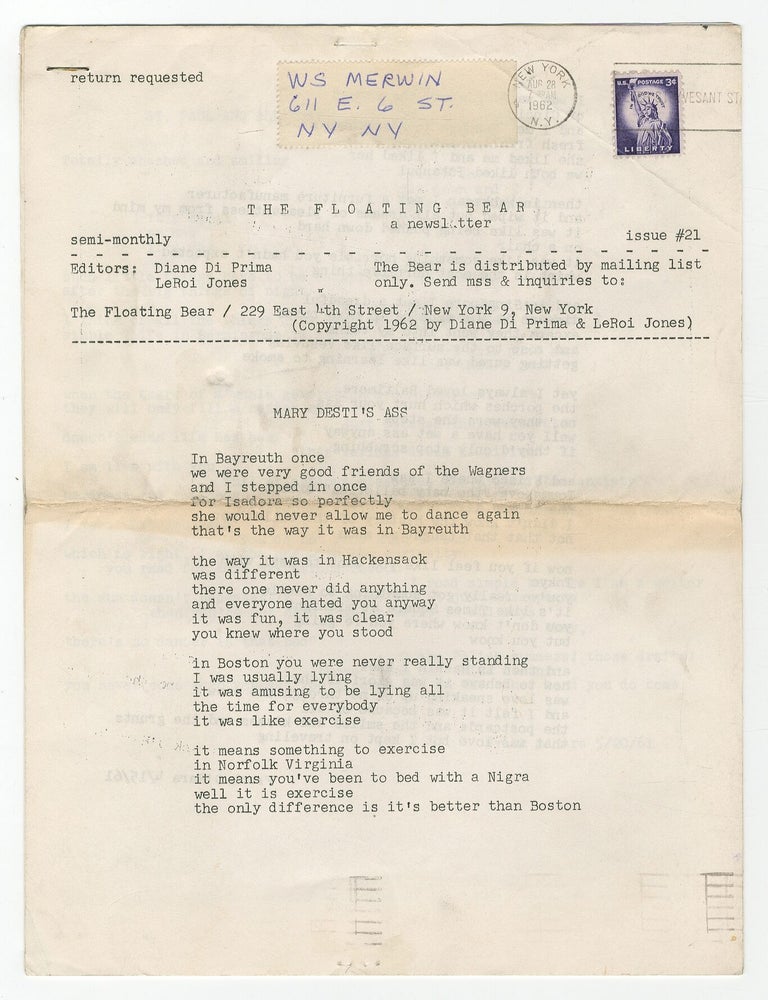 The Floating Bear #21. W. S. MERWIN, Charles, Frank O'Hara.