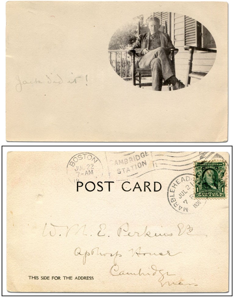 Item #350223 Real Photo Postcard of a young Maxwell Perkins, addressed to himself. Maxwell PERKINS.