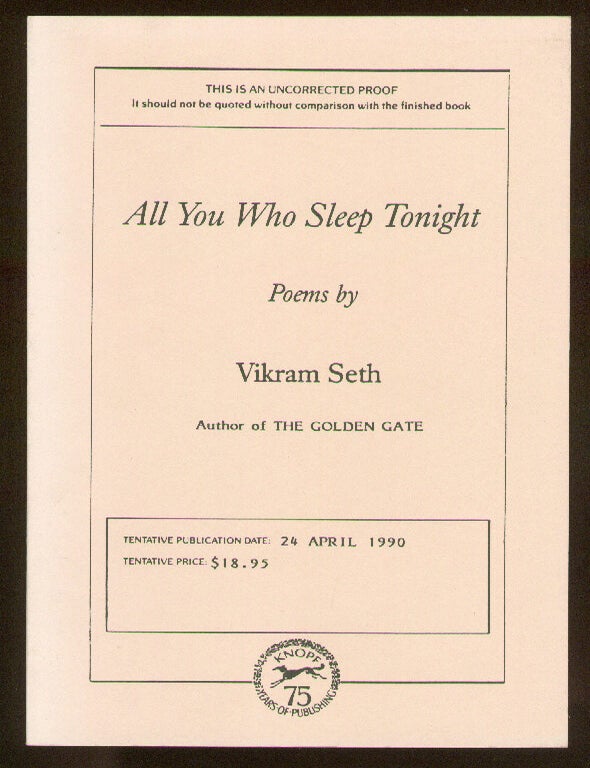 Item #35315 All You Who Sleep Tonight. Vikram SETH.