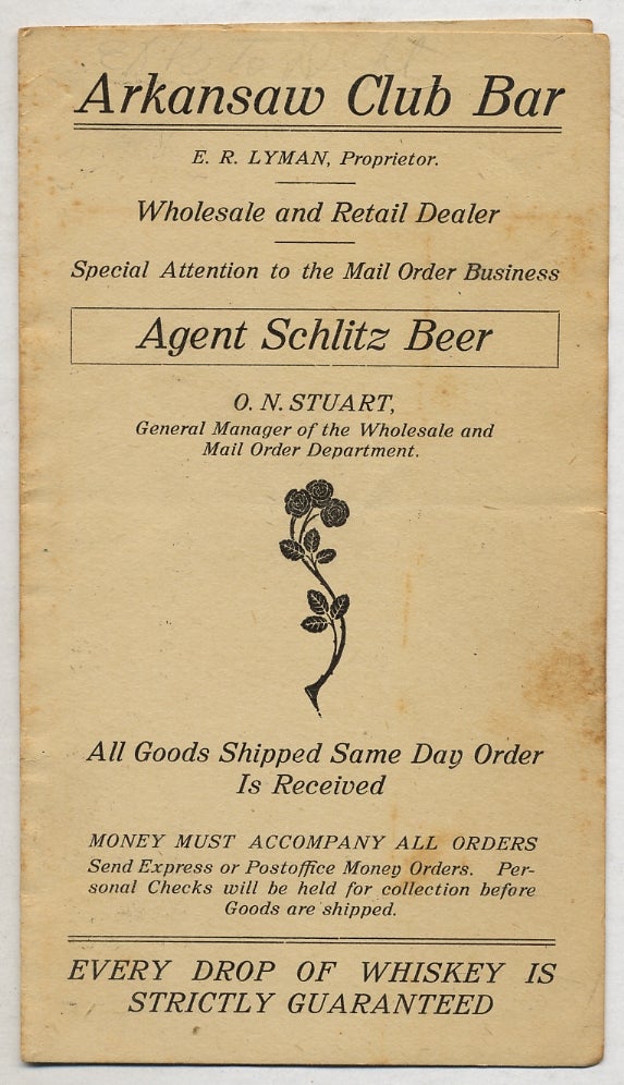 Item #357411 [Pamphlet]: Arkansaw Club Bar. E.R. Lyman, Proprietor. Wholesale and Retail Dealer. Special Attention to the Mail Order Business. Agent Schlitz Beer