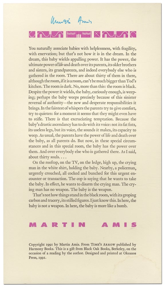 Item #363305 [Broadside]: Time's Arrow. Martin AMIS.