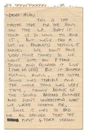 Autograph Note Concerning The Jesus and Mary Chain's First Single "Upside Down"