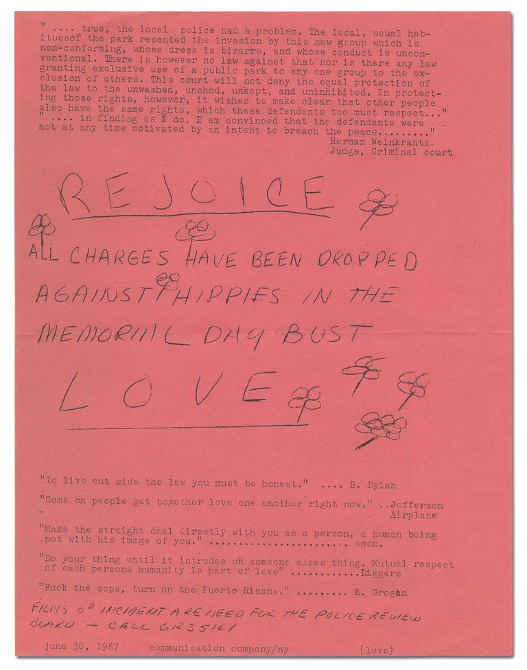 Item #365824 [Flyer]: REJOICE. All Charges Have Been Dropped Against Hippies in the Memorial Day Bust LOVE