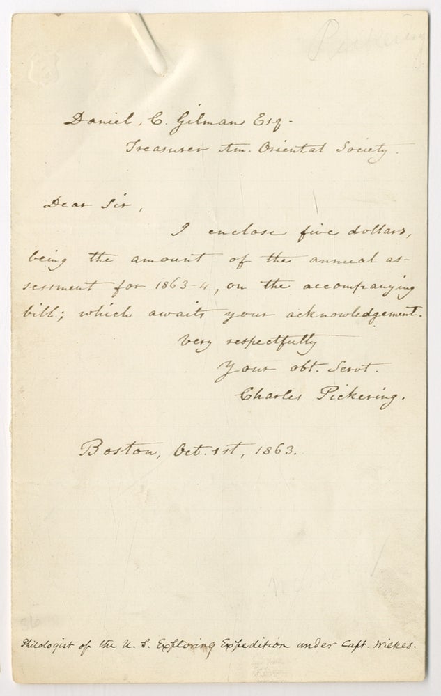 Item #366055 Autograph Letter Signed. Charles PICKERING.