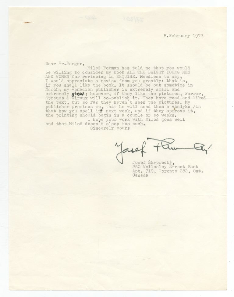 Item #371301 Typed Letter Signed to Thomas Berger. Joseph SKVORECKY.