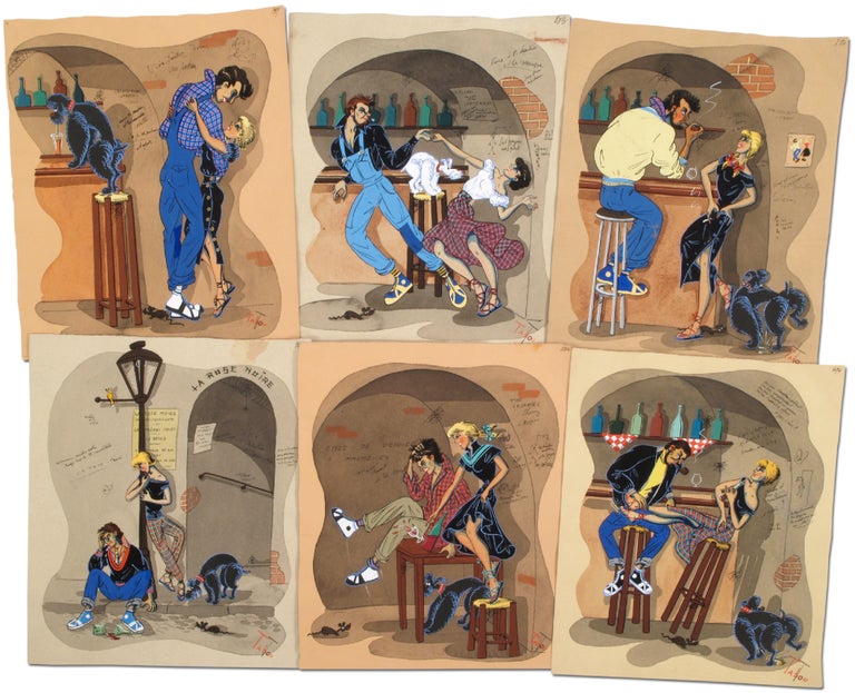 Item #371312 Six Watercolor and Gouache Drawings of Underground Paris Drinking Clubs in the Early 1950s. TABOU and Cie.