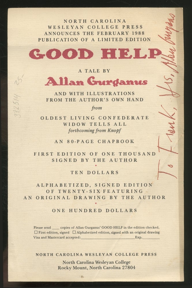 Item #372514 Good Help Promotional Flyer. Allan GURGANUS.